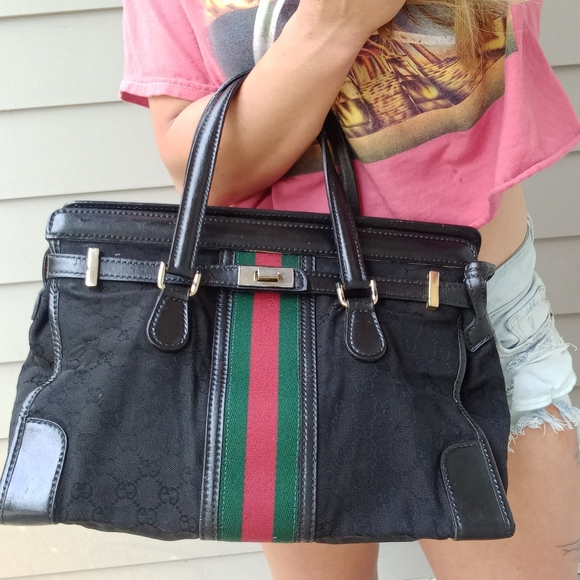 Authentic Vintage Gucci GG Monogram Supreme Sherry Web Ophidia Birkin Style Bag - Picture 1 of 12